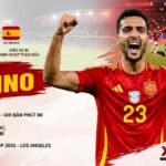 Hình ảnh tiền vệ Mikel Merino ăn mừng cảm xúc sau khi ghi bàn phút 88, ấn định chiến thắng Tây Ban Nha 2-1 Bỉ tại Tứ kết World Cup 2026 trên Xoilac TV.
