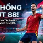 Mikel Merino ăn mừng bàn thắng quyết định ở phút 88 giúp Tây Ban Nha đánh bại Bỉ 2-1 tại tứ kết World Cup 2026, cập nhật trên Xoilac TV.